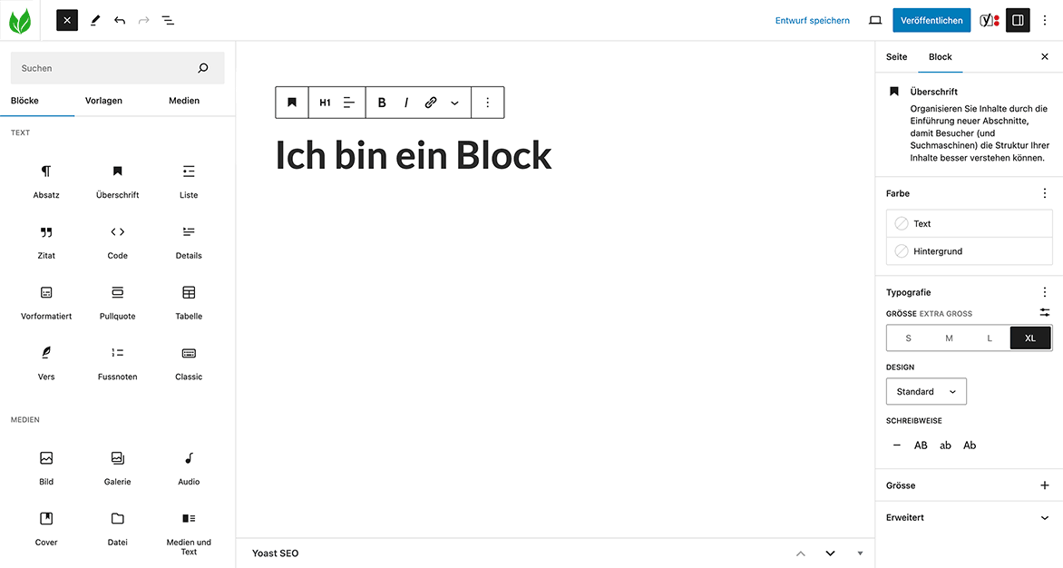Screenshot vom WordPress Block Editor Gutenberg